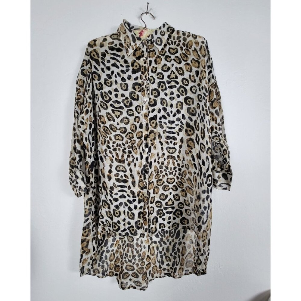Kyla Seo Womens Leopard Print Button-Up Tunic Dress/Top Large Long Sleeve Brown
